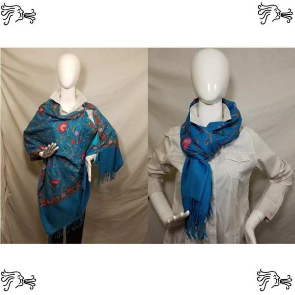 Turquoise Blue Embroidered Kashmir 100% Wool Scarf